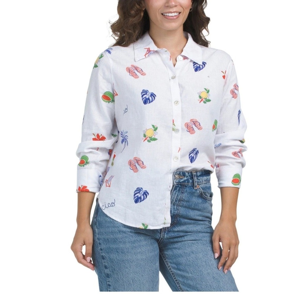 C&C California Womens Sz L Linen Blend Tropical Ciao Print Button Down Shirt